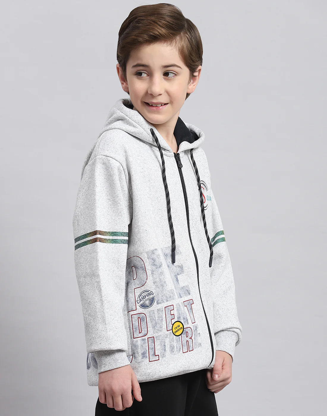 Boys Grey Melange Printed Hooded Full Sleeve Sweatshirt - Image 4