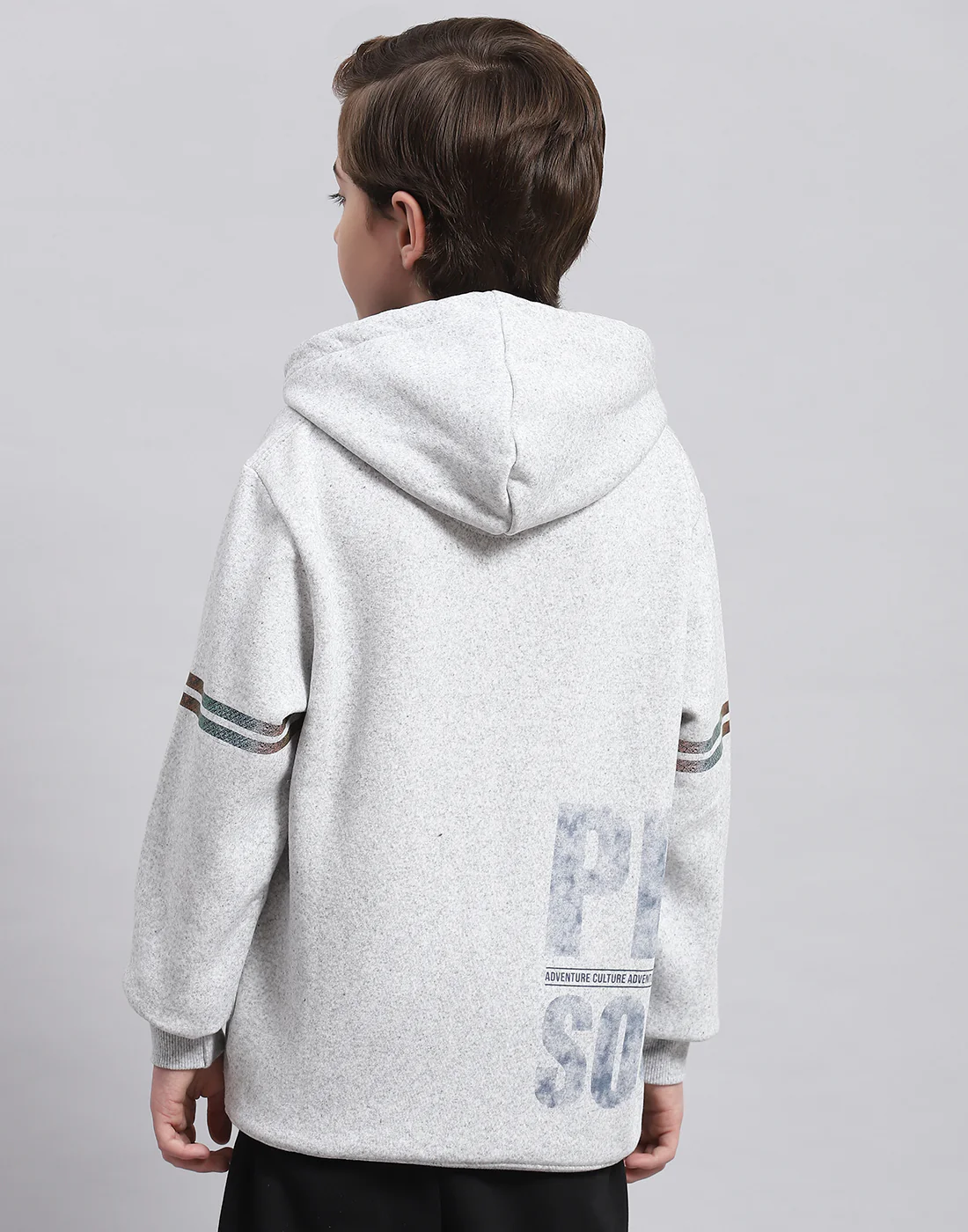 Boys Grey Melange Printed Hooded Full Sleeve Sweatshirt - Image 5