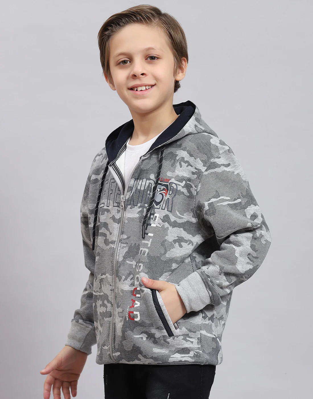 Boys Grey Melange Printed Hooded Full Sleeve Sweatshirt - Image 3