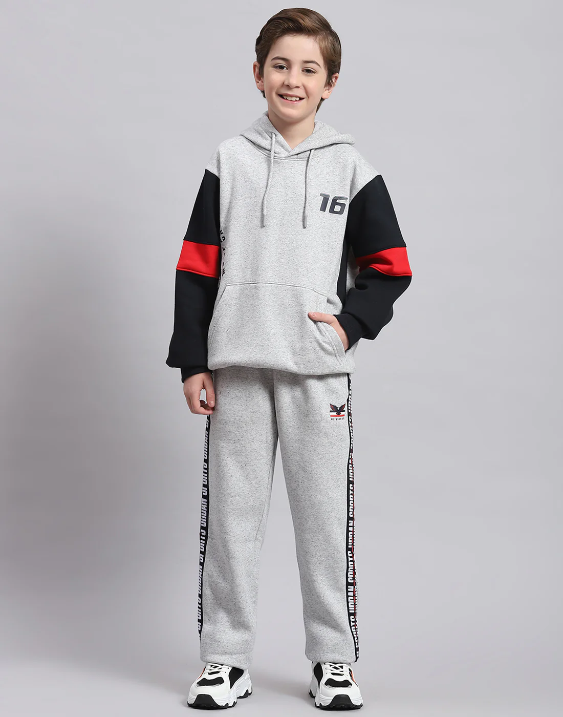 Boys Grey Melange Printed Hooded Full Sleeve Tracksuit - Image 2
