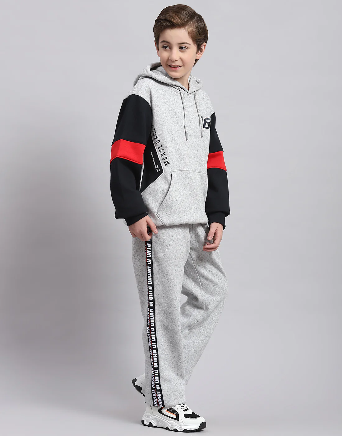 Boys Grey Melange Printed Hooded Full Sleeve Tracksuit - Image 4
