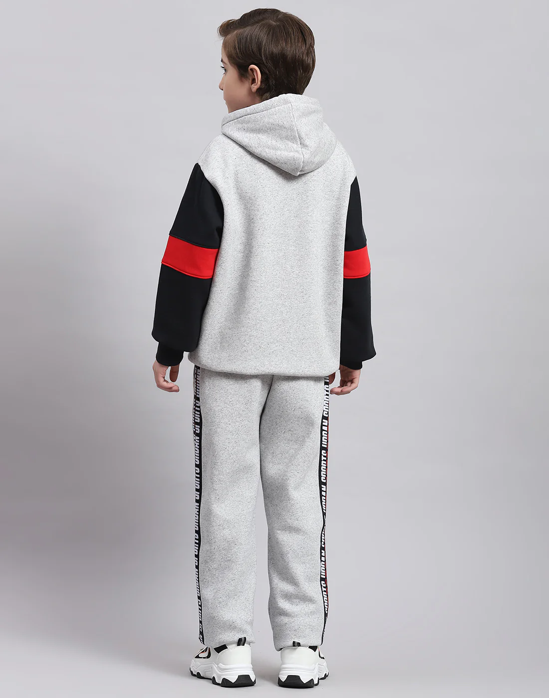Boys Grey Melange Printed Hooded Full Sleeve Tracksuit - Image 5