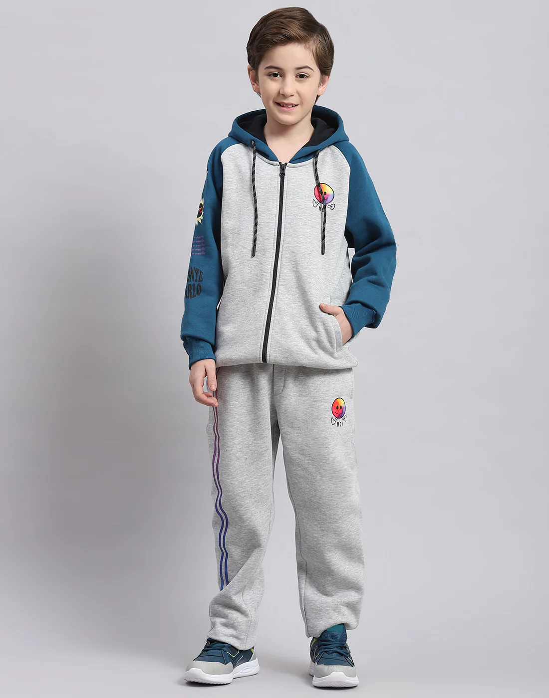 Boys Grey Melange Printed Hooded Full Sleeve Tracksuit - Image 2