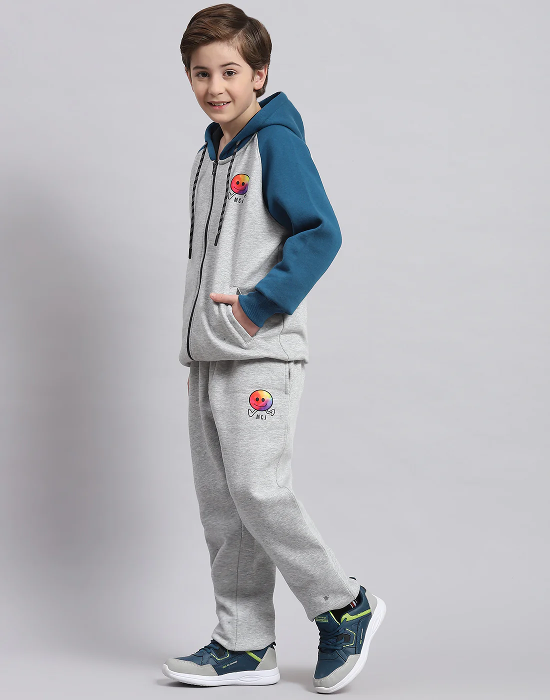 Boys Grey Melange Printed Hooded Full Sleeve Tracksuit - Image 3
