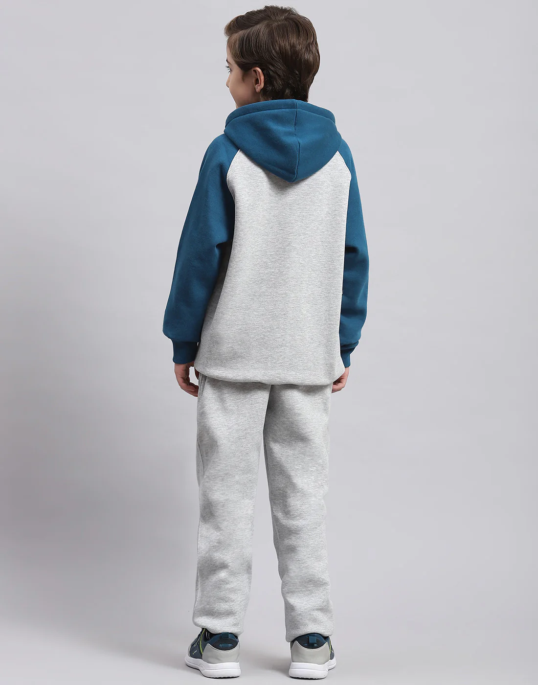 Boys Grey Melange Printed Hooded Full Sleeve Tracksuit - Image 5