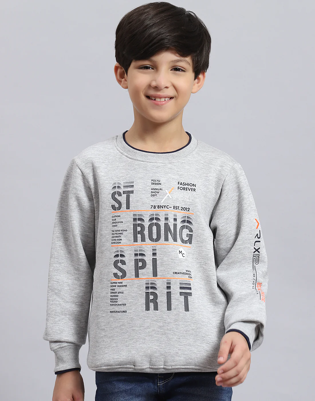 Boys Grey Melange Printed Round Neck Full Sleeve Sweatshirt - Image 3