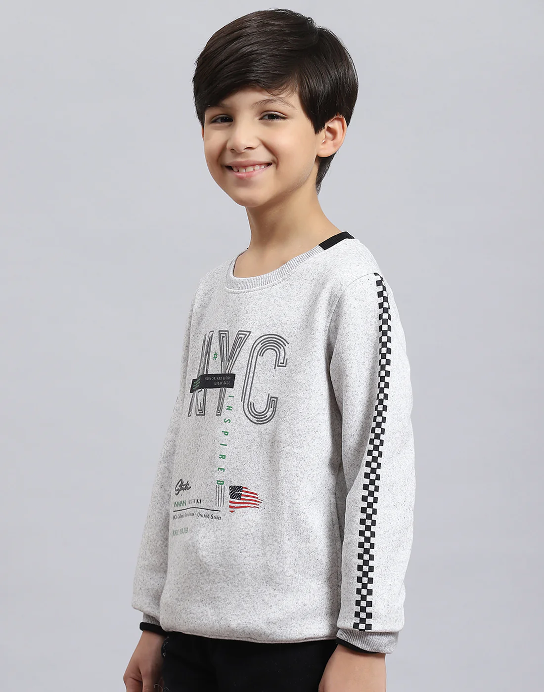 Boys Grey Melange Printed Round Neck Full Sleeve Sweatshirt - Image 3