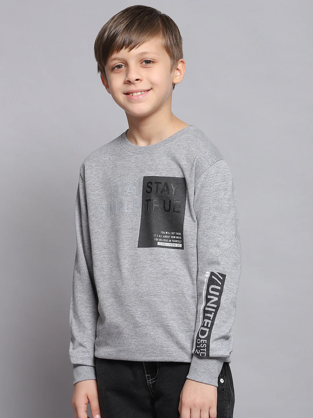 Boys Grey Melange Printed Round Neck Full Sleeve Sweatshirt - Image 3