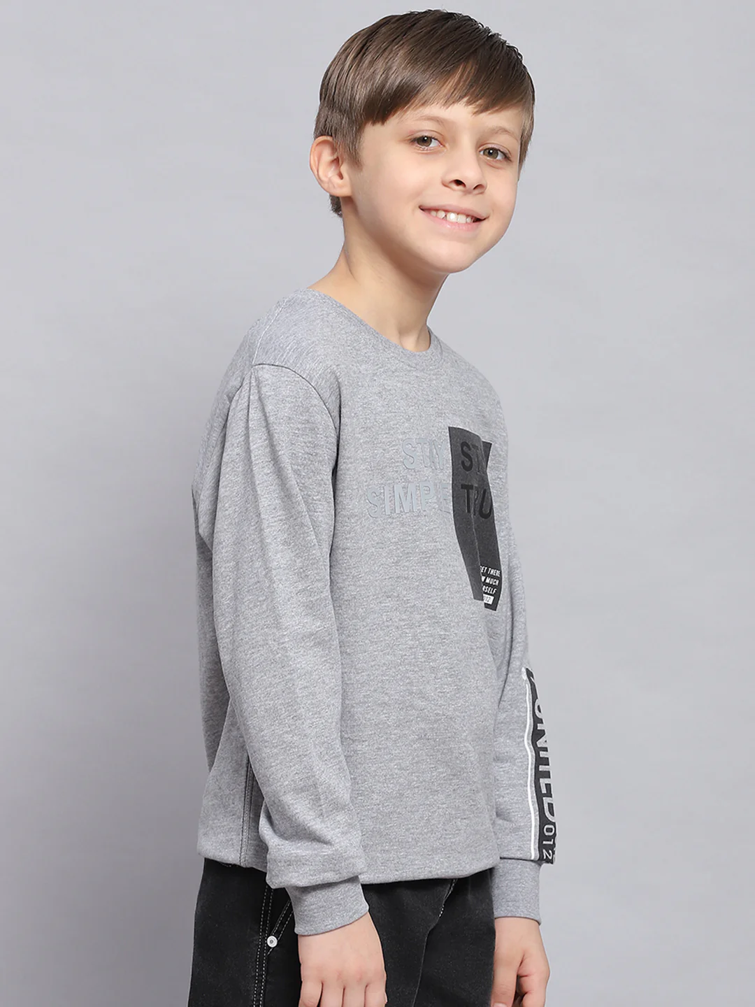 Boys Grey Melange Printed Round Neck Full Sleeve Sweatshirt - Image 4