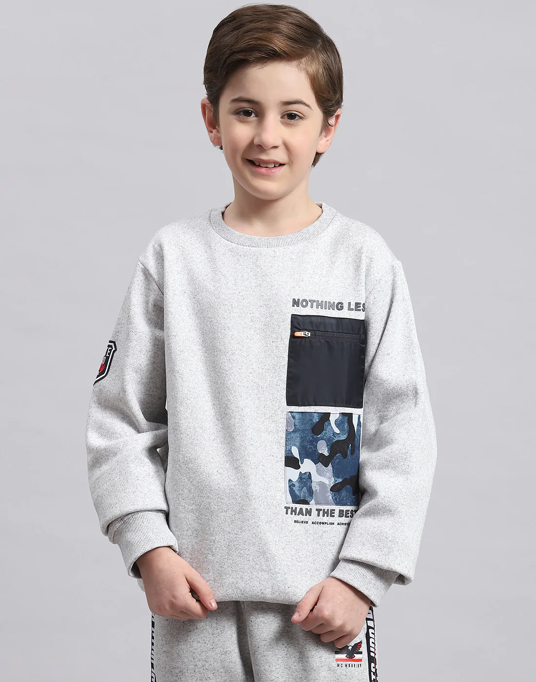 Boys Grey Melange Printed Round Neck Full Sleeve Sweatshirt - Image 2
