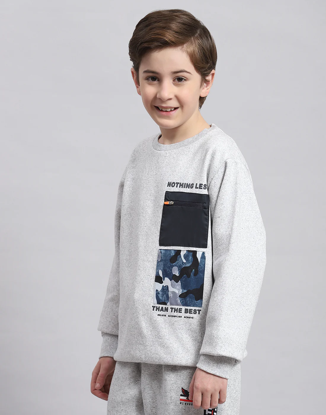Boys Grey Melange Printed Round Neck Full Sleeve Sweatshirt - Image 3