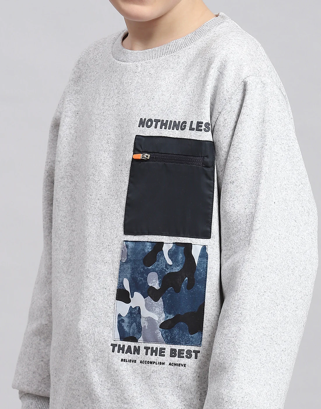 Boys Grey Melange Printed Round Neck Full Sleeve Sweatshirt - Image 6