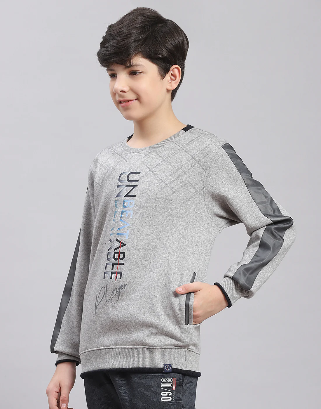 Boys Grey Melange Printed Round Neck Full Sleeve Sweatshirt - Image 3