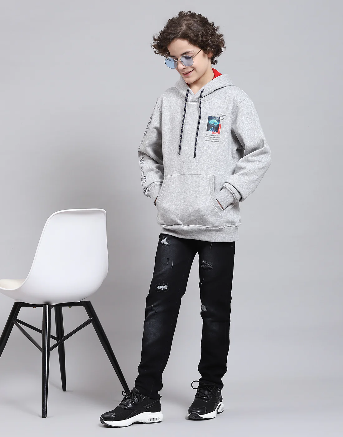 Boys Grey Melange Printed Round Neck Full Sleeve Sweatshirt - Image 2