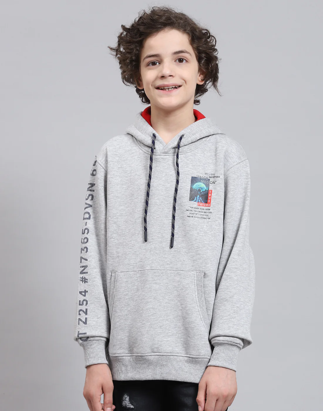 Boys Grey Melange Printed Round Neck Full Sleeve Sweatshirt - Image 3