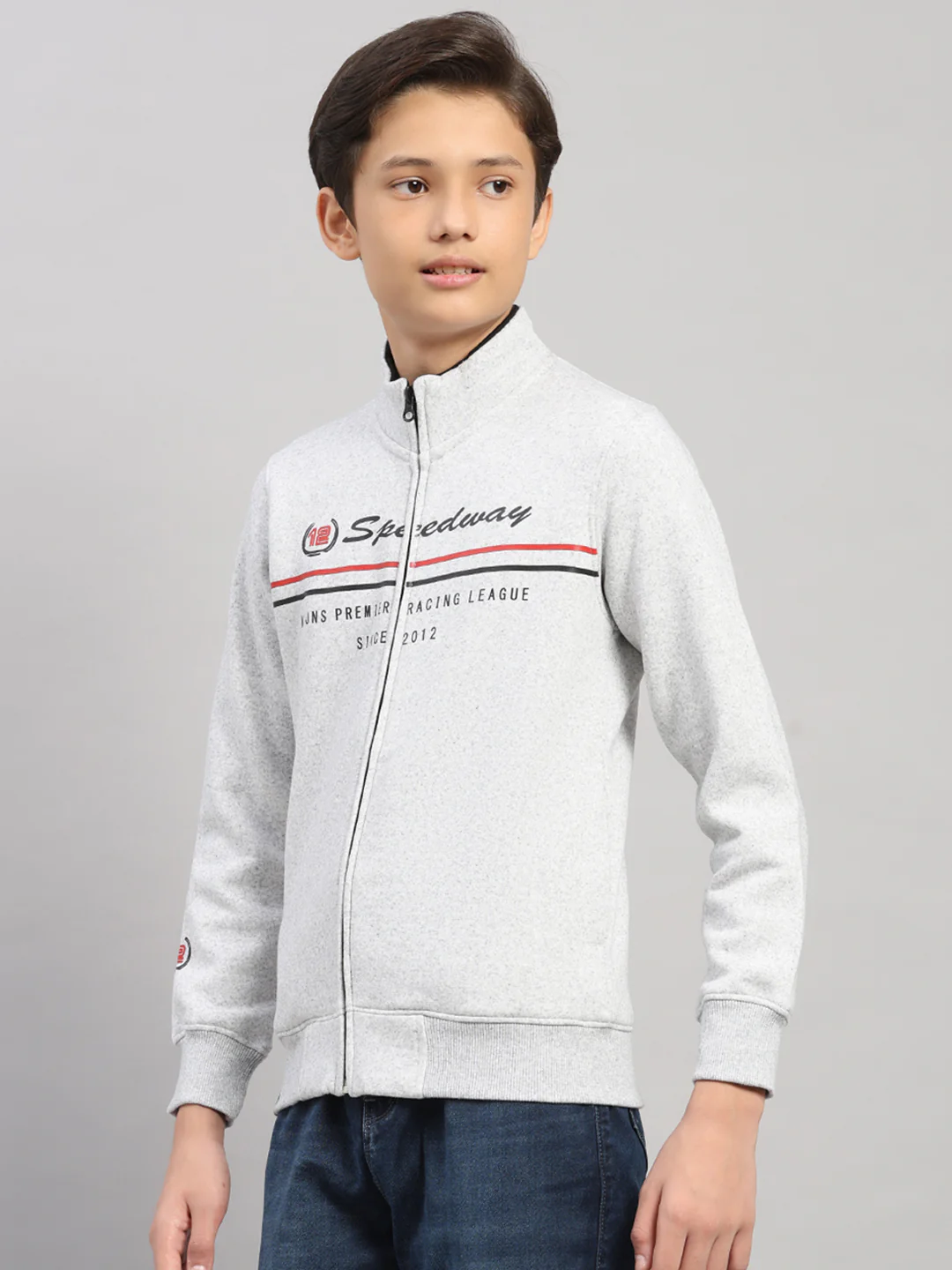 Boys Grey Melange Printed Turtle Neck Full Sleeve Sweatshirt - Image 3