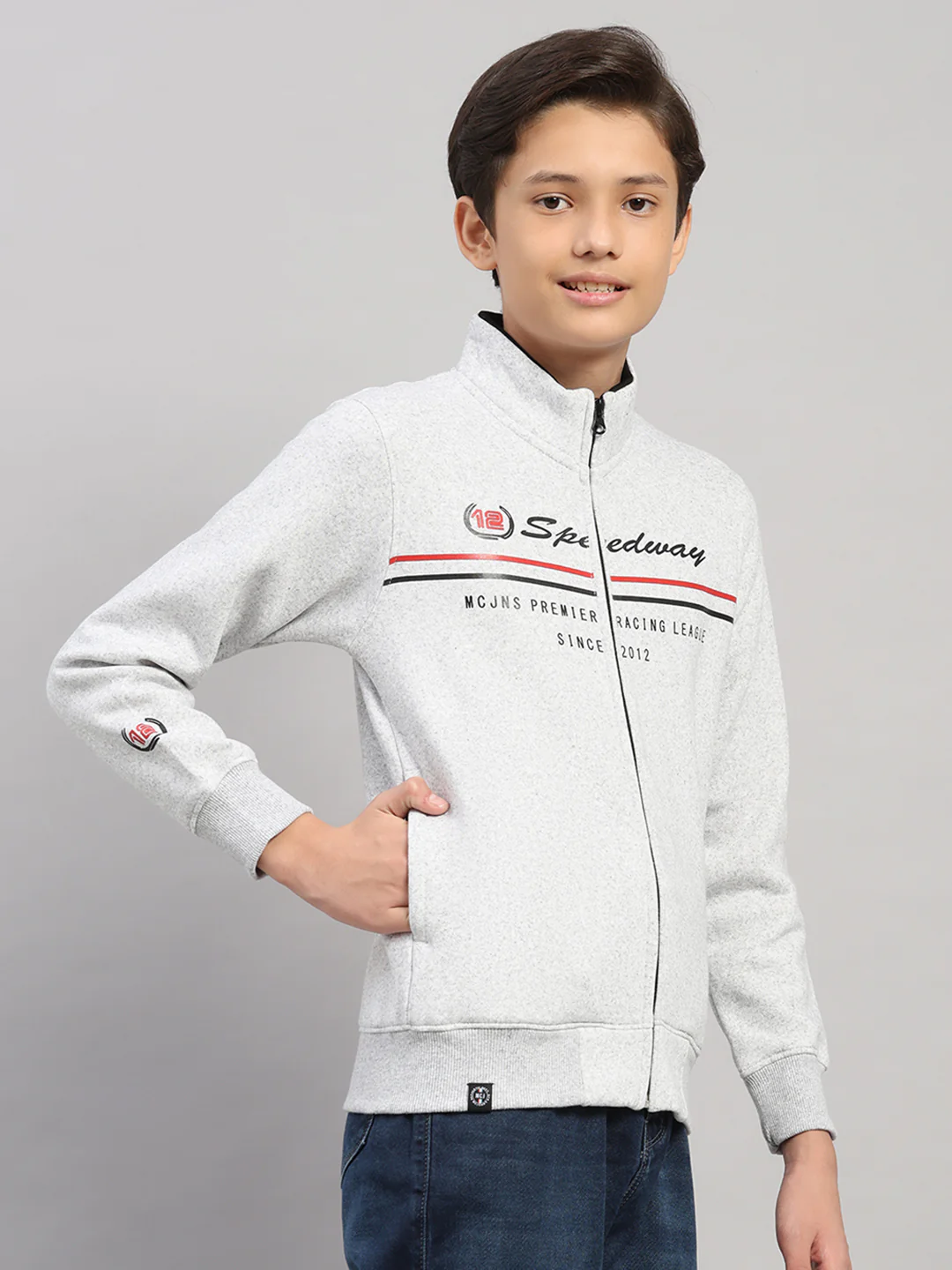 Boys Grey Melange Printed Turtle Neck Full Sleeve Sweatshirt - Image 4