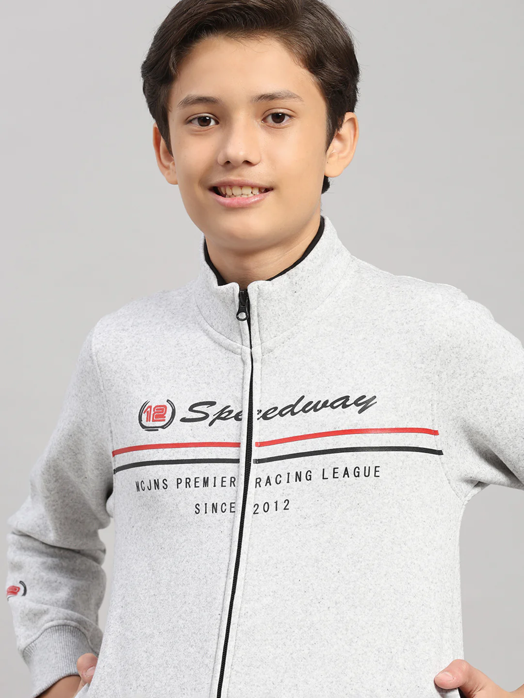 Boys Grey Melange Printed Turtle Neck Full Sleeve Sweatshirt - Image 7