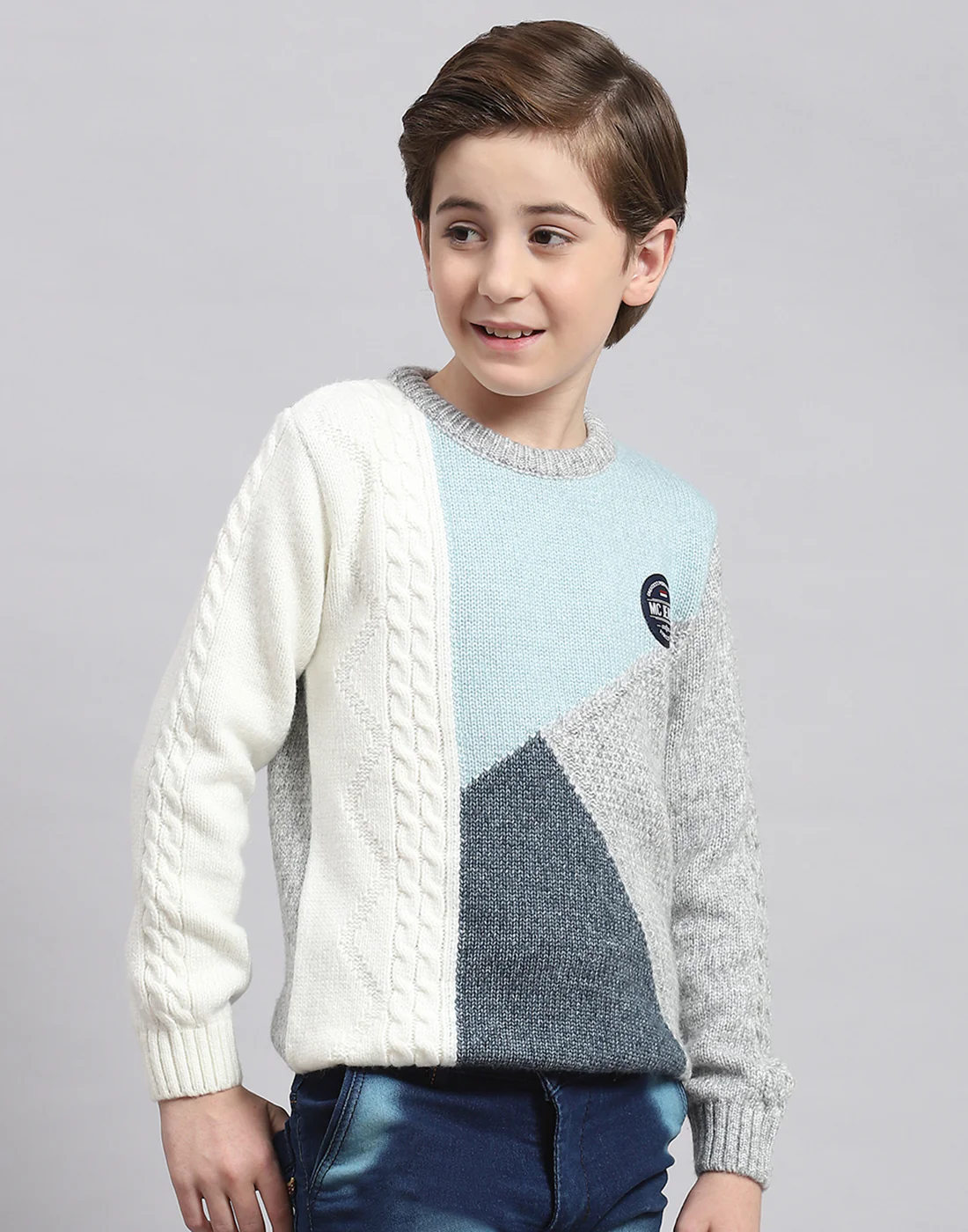 Boys Grey Melange Self Design Round Neck Full Sleeve Sweater - Image 4