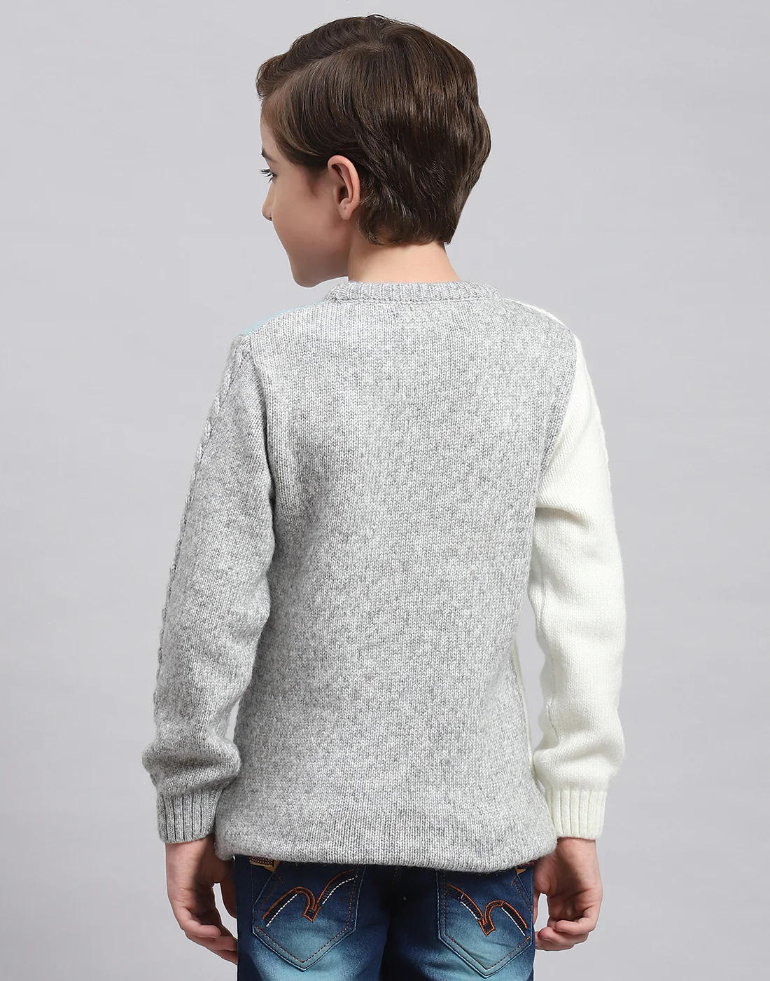 Boys Grey Melange Self Design Round Neck Full Sleeve Sweater - Image 5