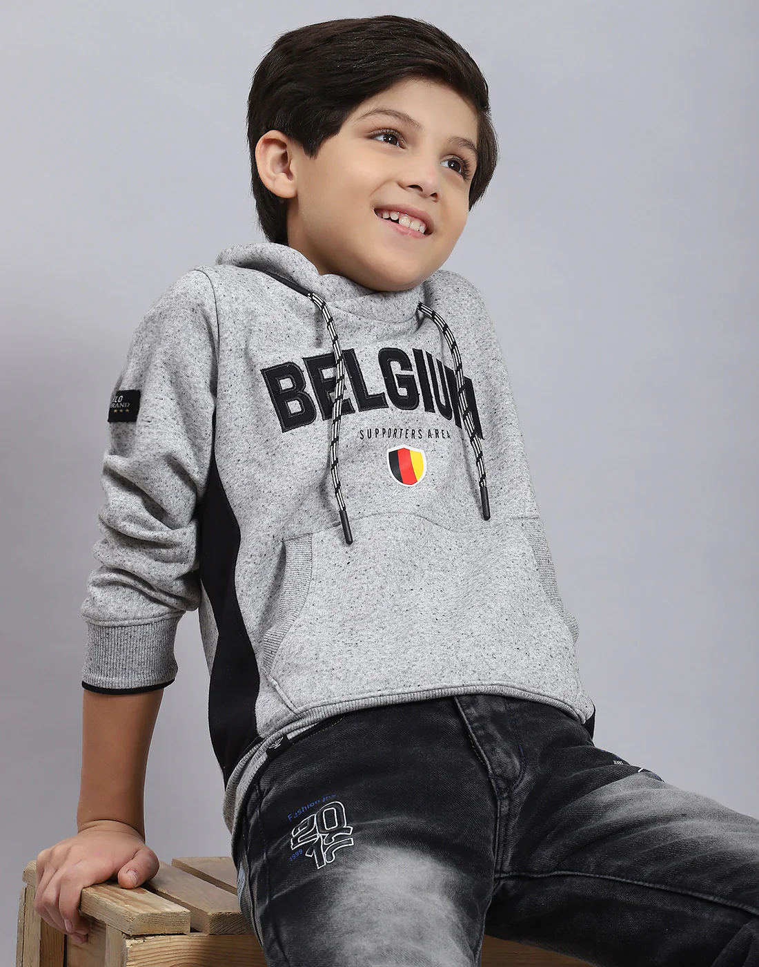 Boys Grey Melange Solid F Neck Full Sleeve Sweatshirt - Image 2