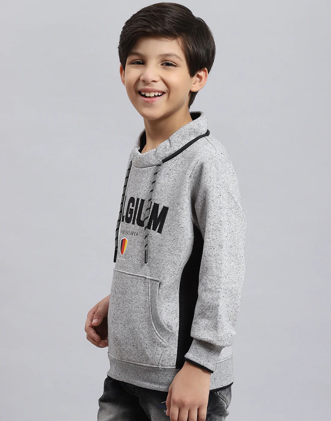 Boys Grey Melange Solid F Neck Full Sleeve Sweatshirt - Image 4