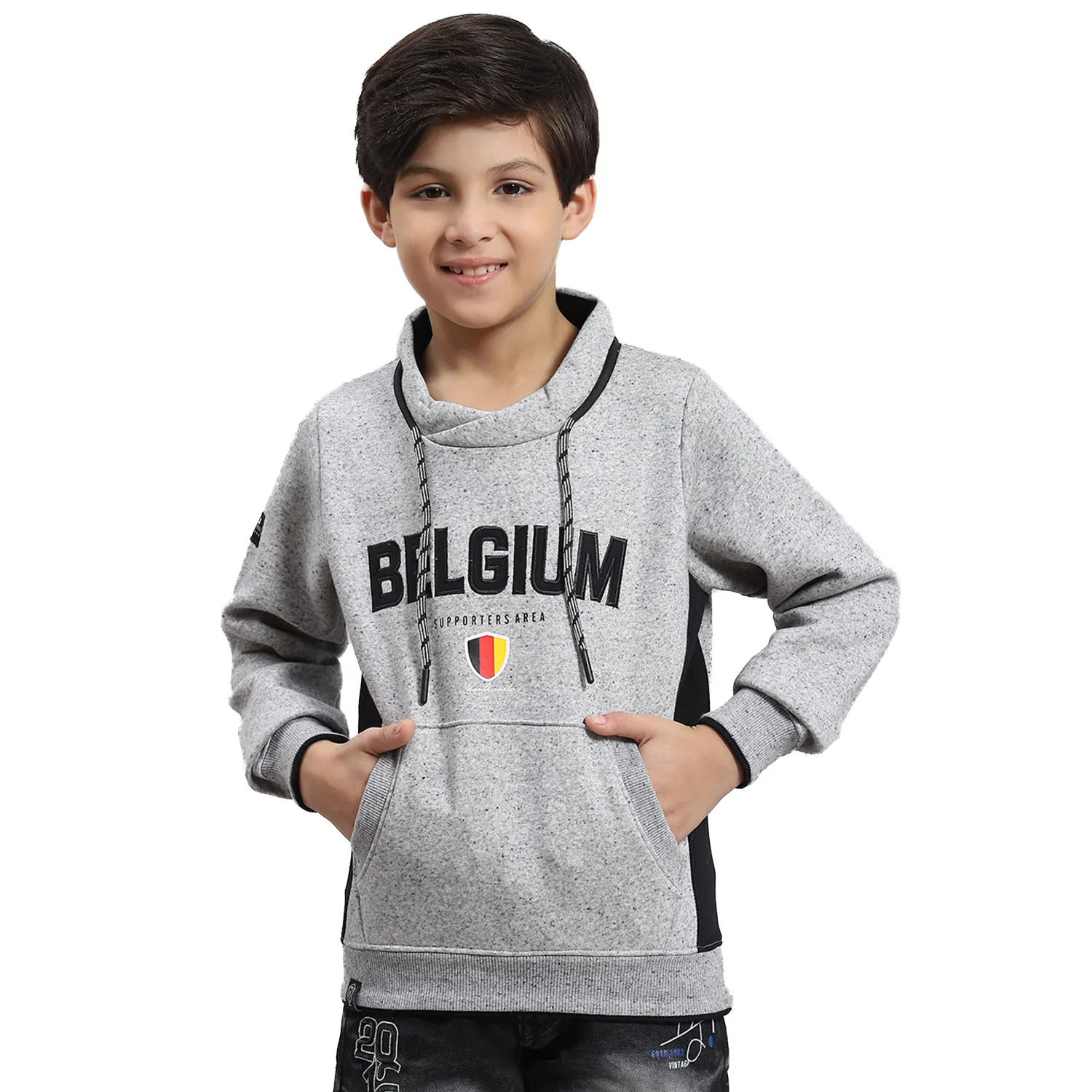 Boys Grey Melange Solid F Neck Full Sleeve Sweatshirt - Image 5