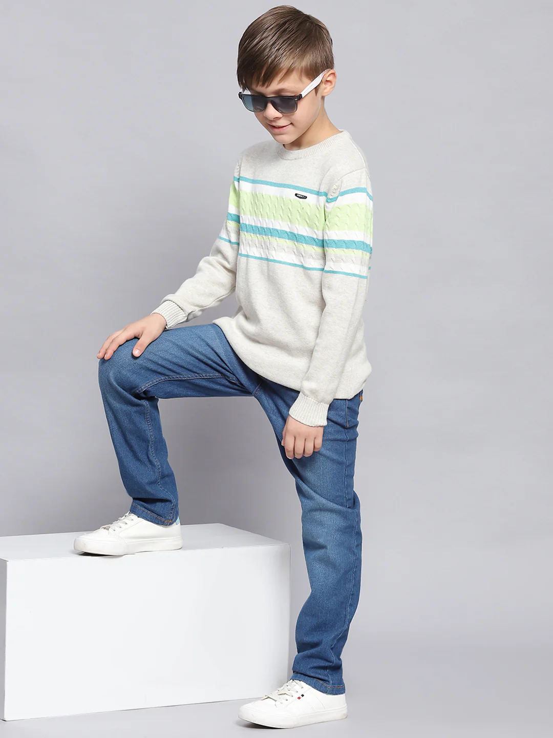 Boys Grey Melange Stripe Round Neck Full Sleeve Sweater - Image 2