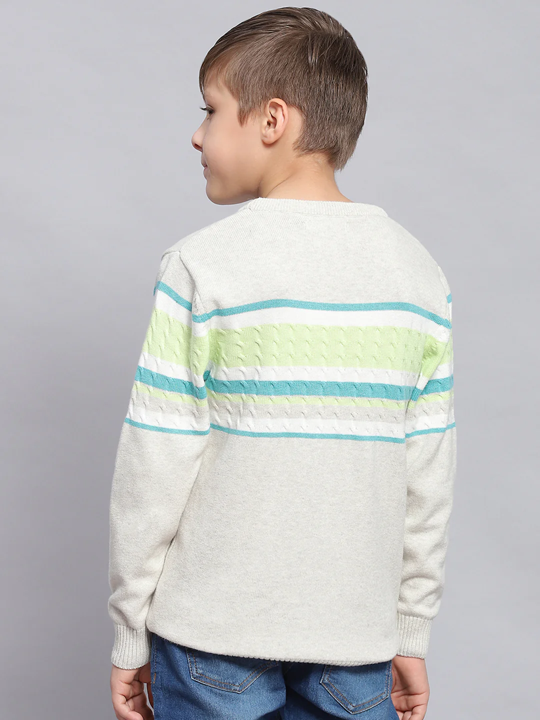 Boys Grey Melange Stripe Round Neck Full Sleeve Sweater - Image 5