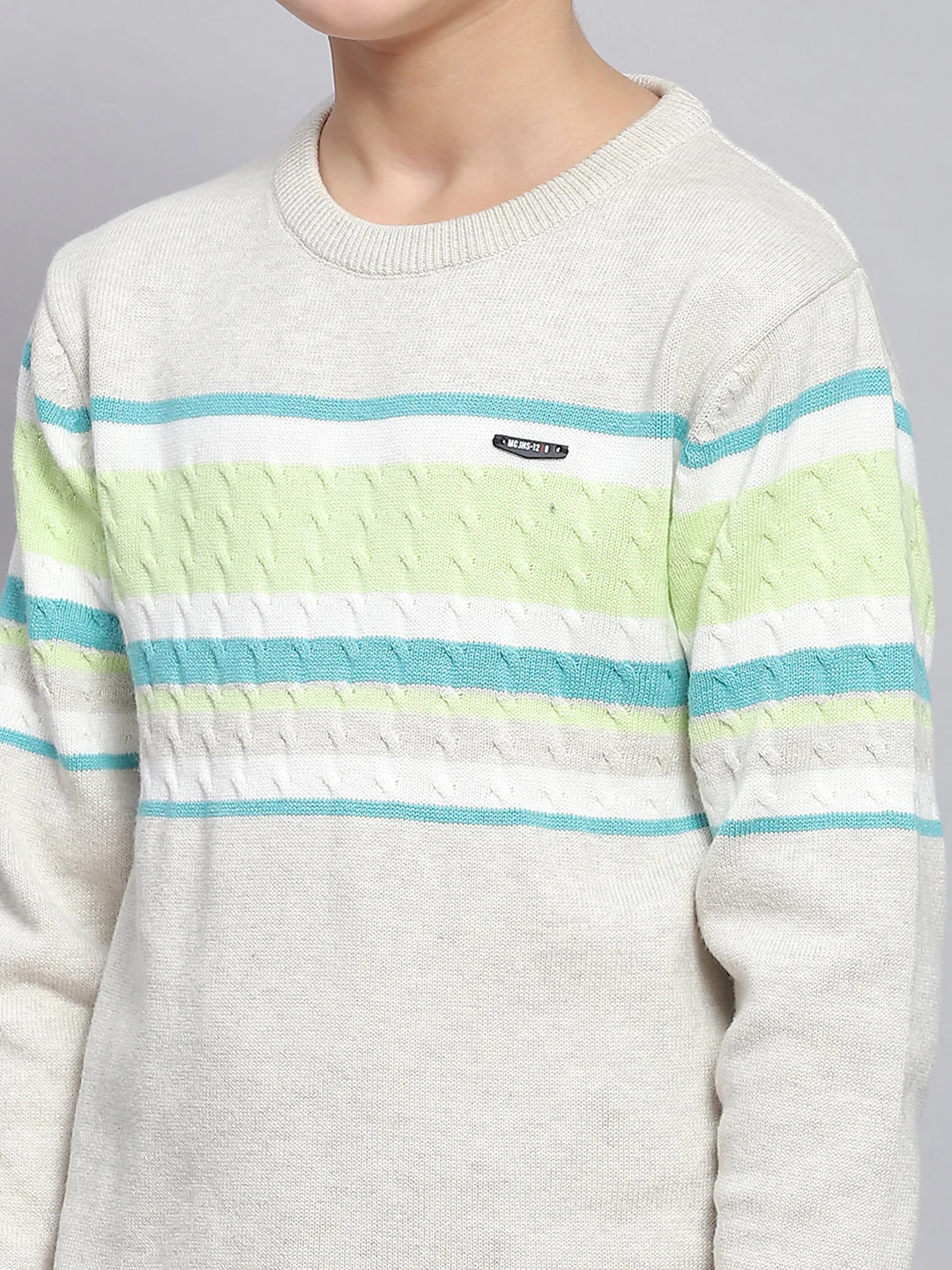 Boys Grey Melange Stripe Round Neck Full Sleeve Sweater - Image 6