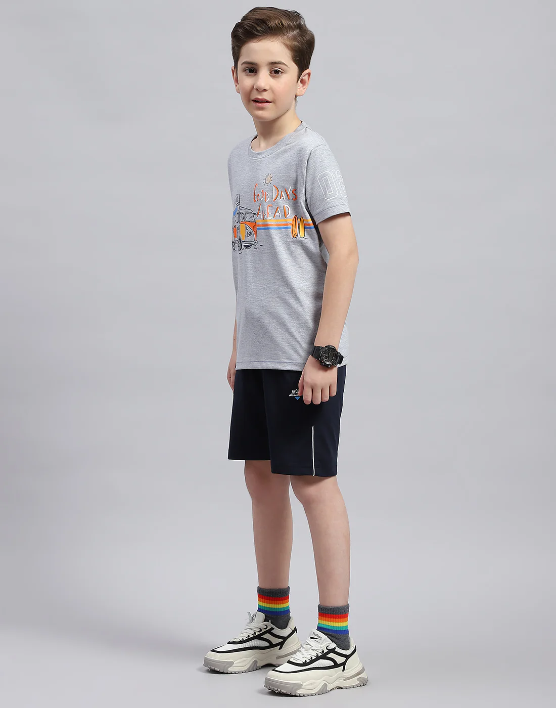 Boys Grey & Navy Blue Printed Round Neck Half Sleeve Bermuda Set - Image 3