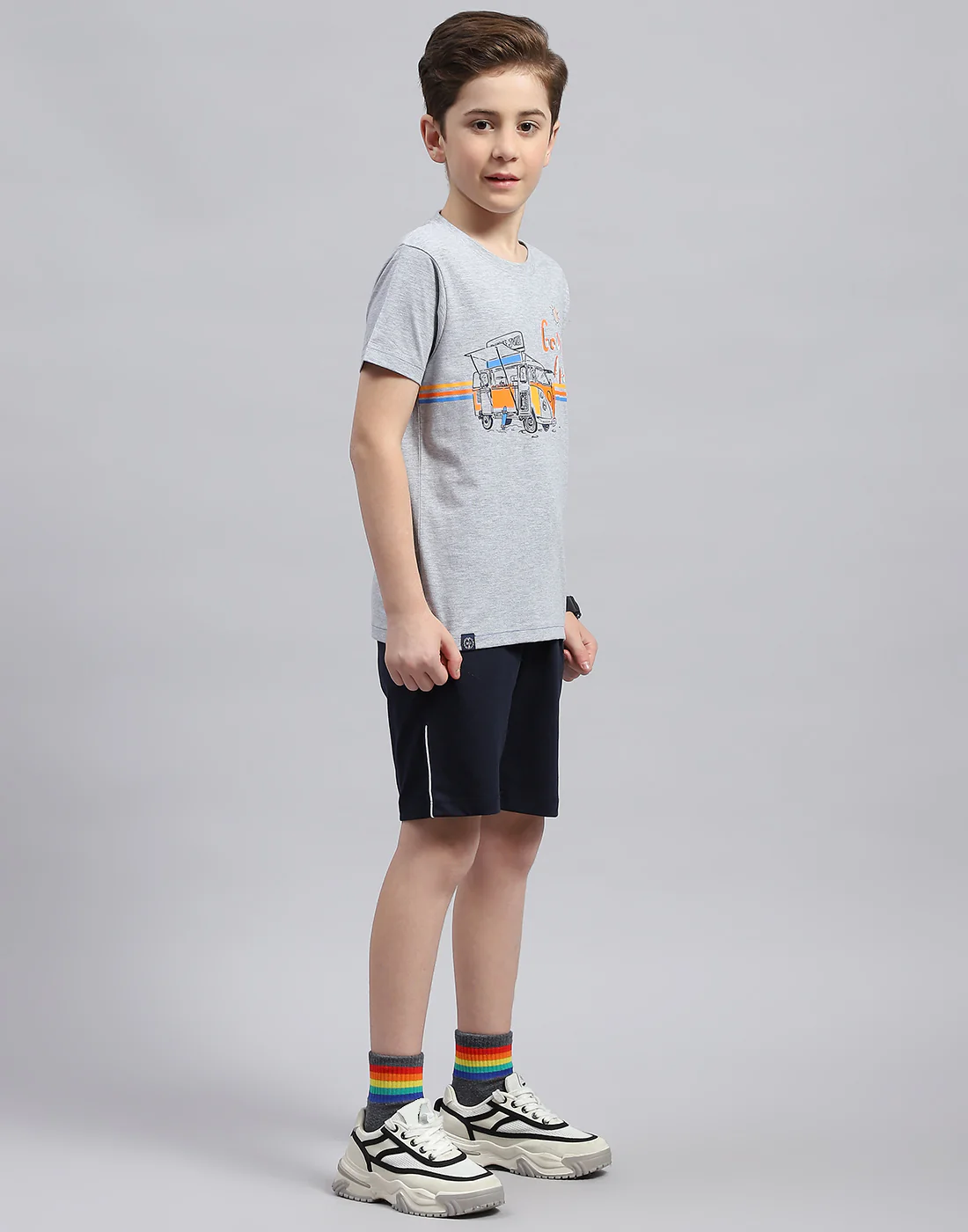 Boys Grey & Navy Blue Printed Round Neck Half Sleeve Bermuda Set - Image 4