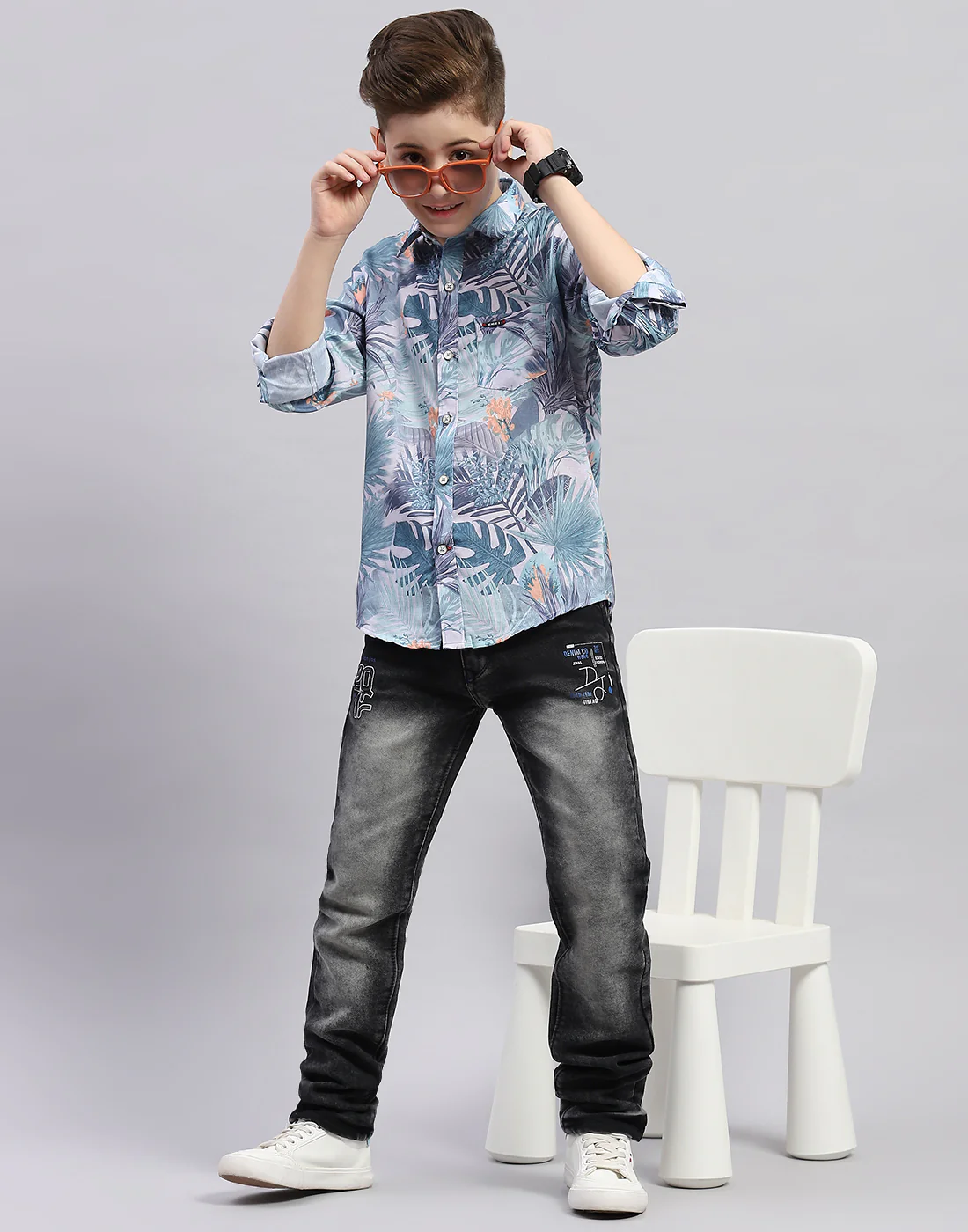 Boys Grey Printed Collar Full Sleeve Shirt - Image 2