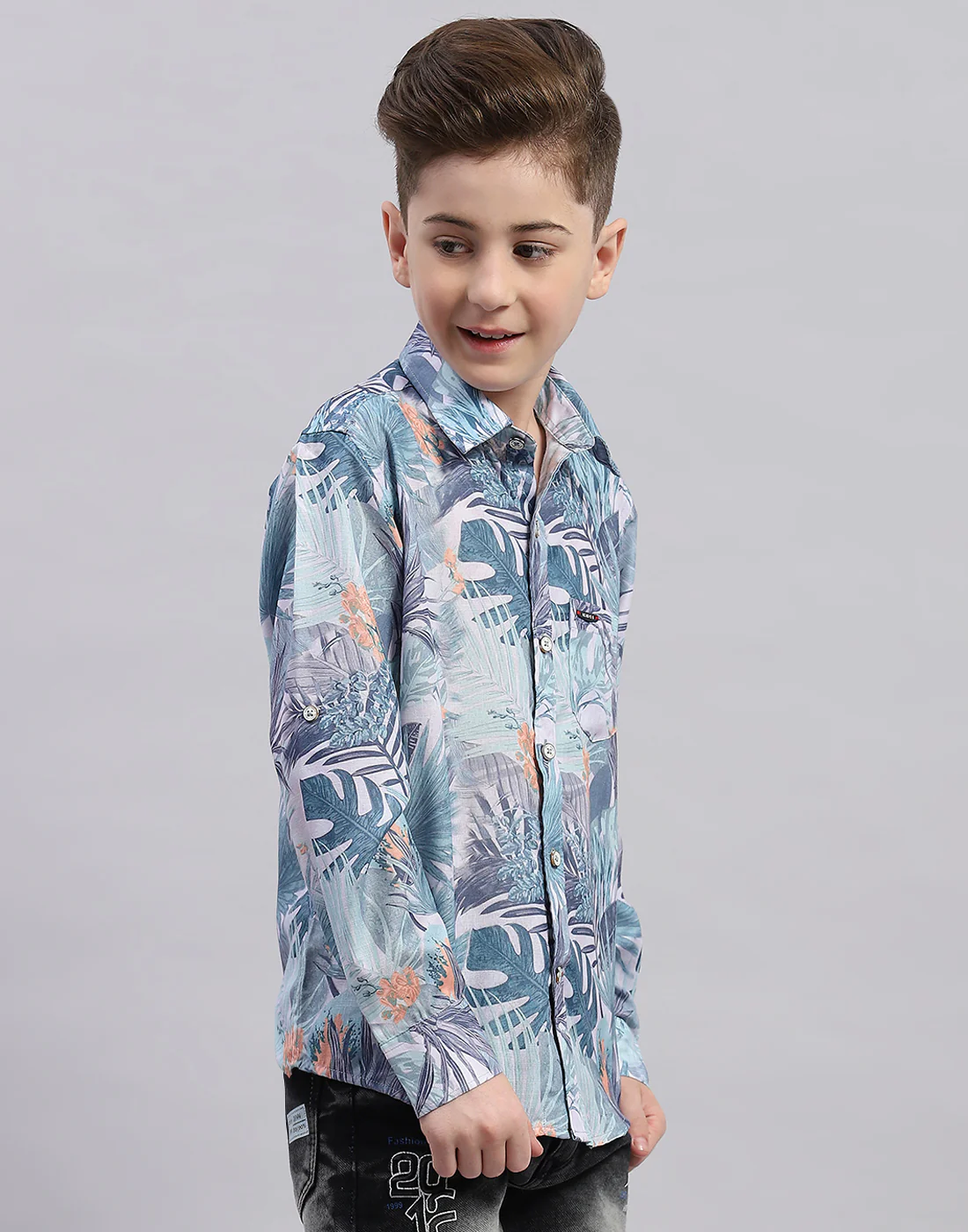 Boys Grey Printed Collar Full Sleeve Shirt - Image 4