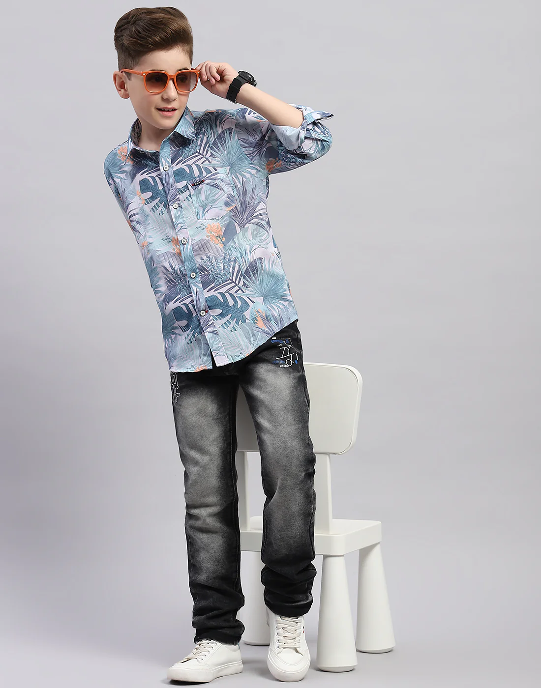 Boys Grey Printed Collar Full Sleeve Shirt - Image 6