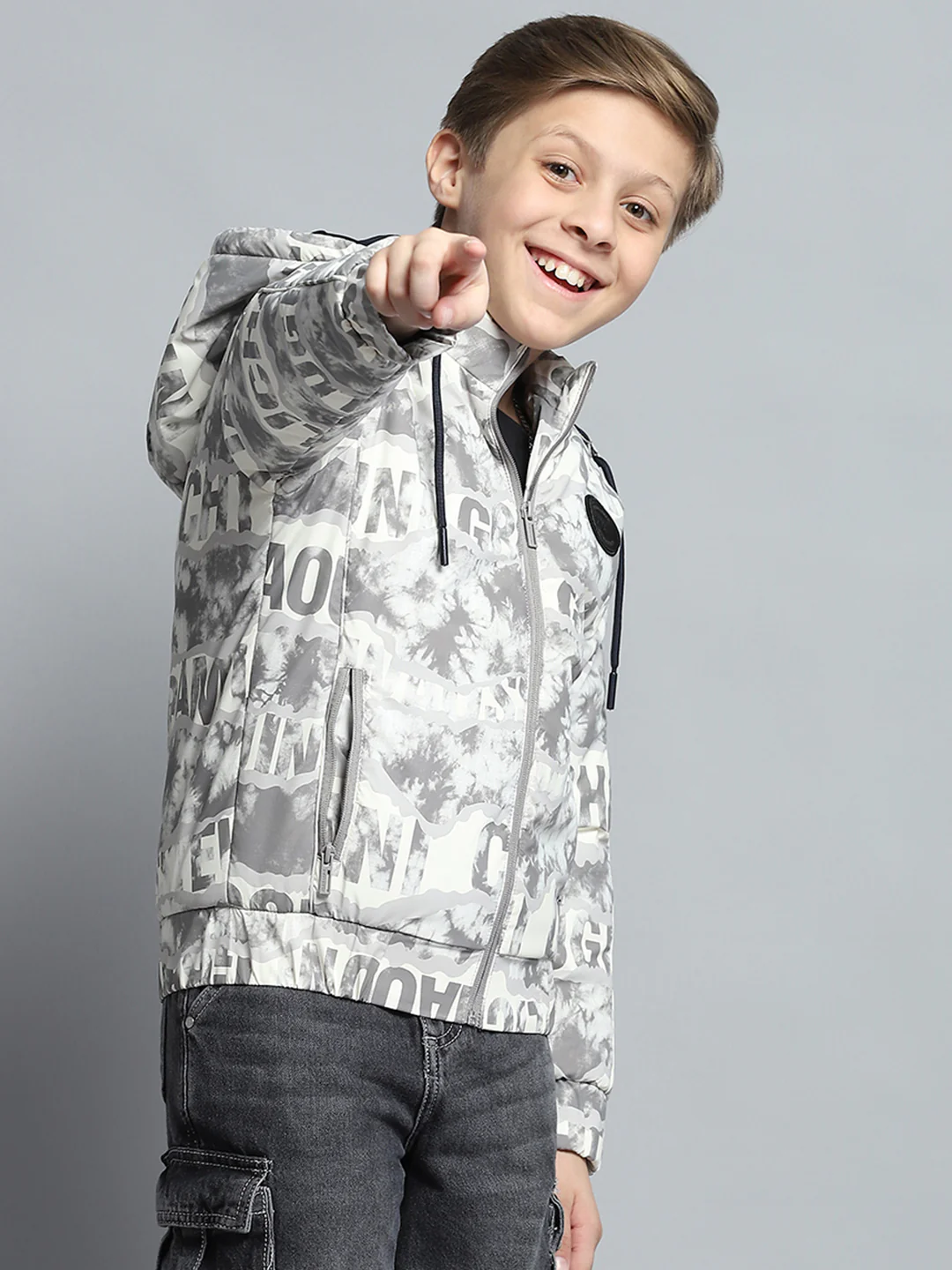 Boys Grey Printed Detachable Hood Full Sleeve Jacket - Image 4