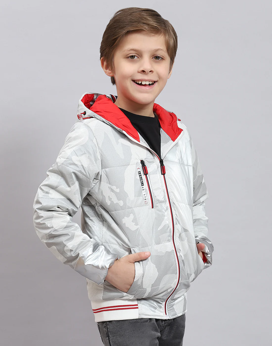 Boys Grey Printed Hooded Full Sleeve Boys Jacket - Image 4