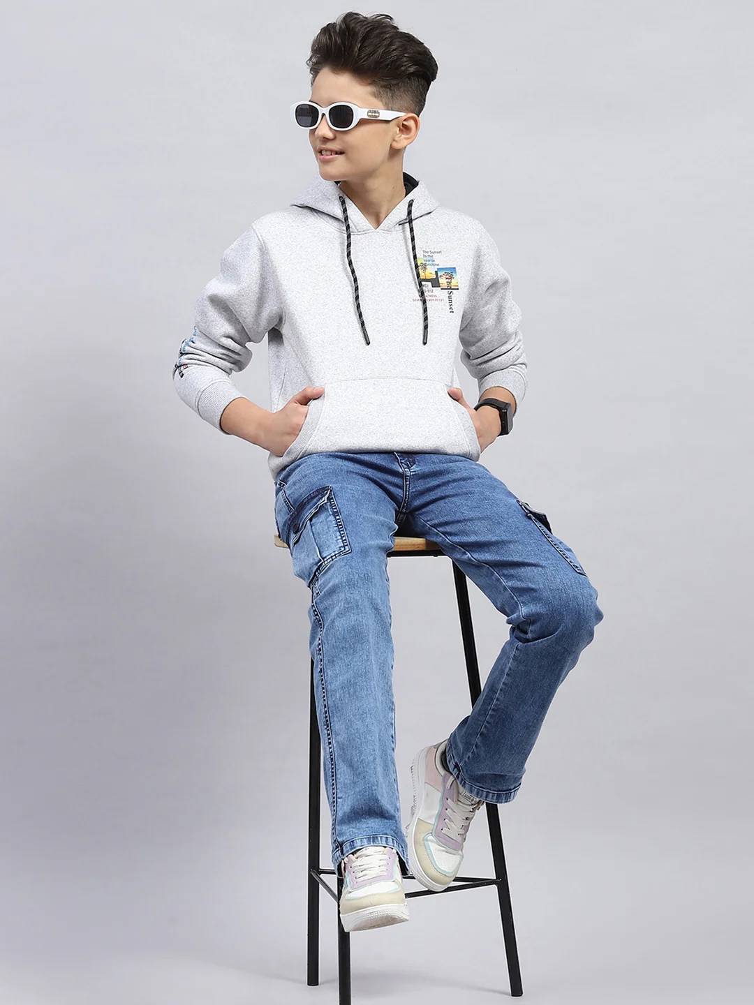 Boys Grey Printed Hooded Full Sleeve Sweatshirt - Image 2