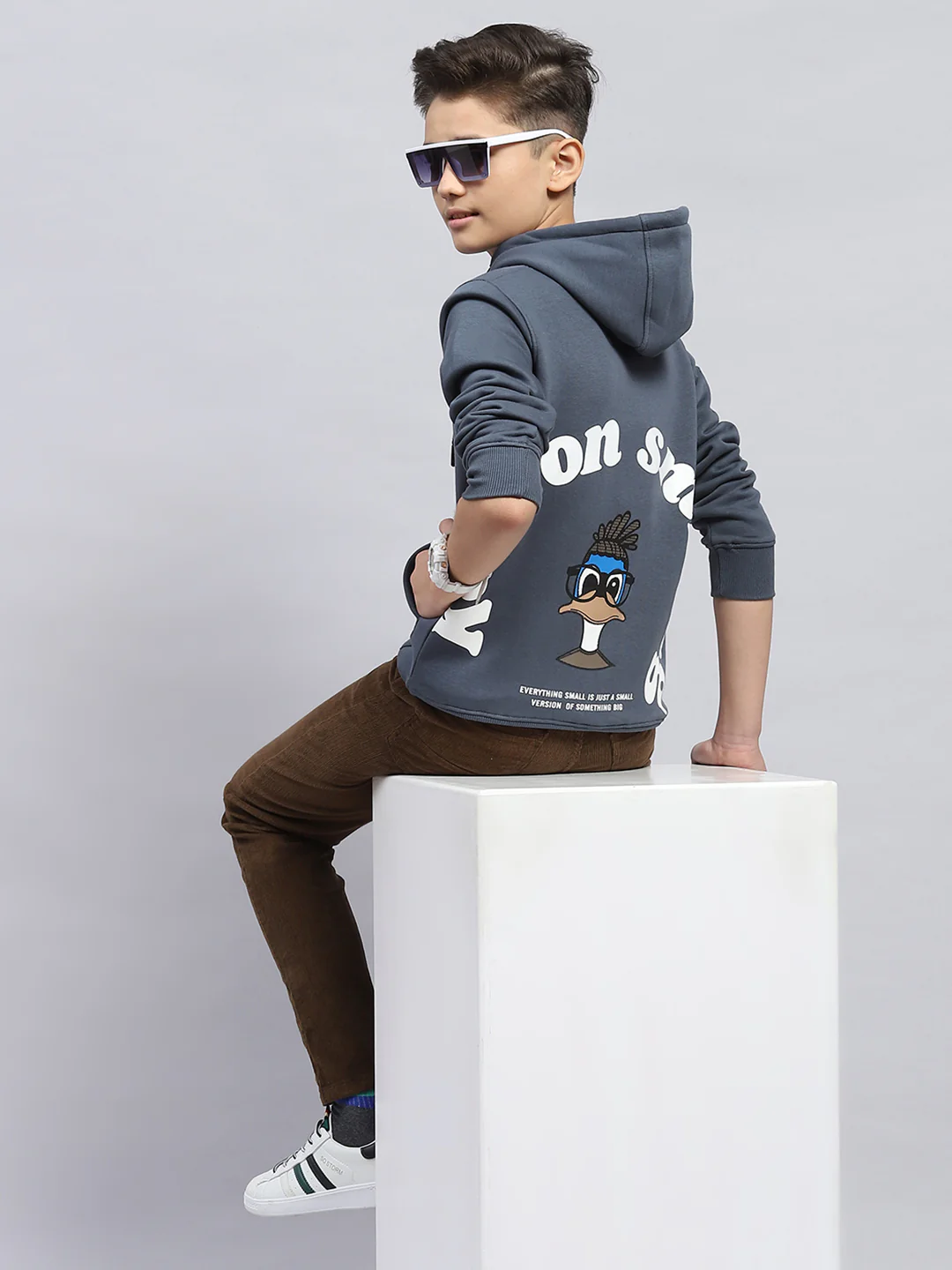 Boys Grey Printed Hooded Full Sleeve Sweatshirt - Image 2