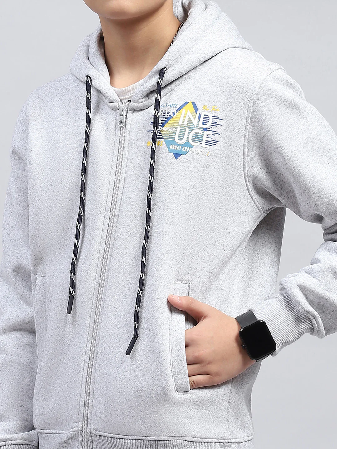 Boys Grey Printed Hooded Full Sleeve Sweatshirt - Image 6