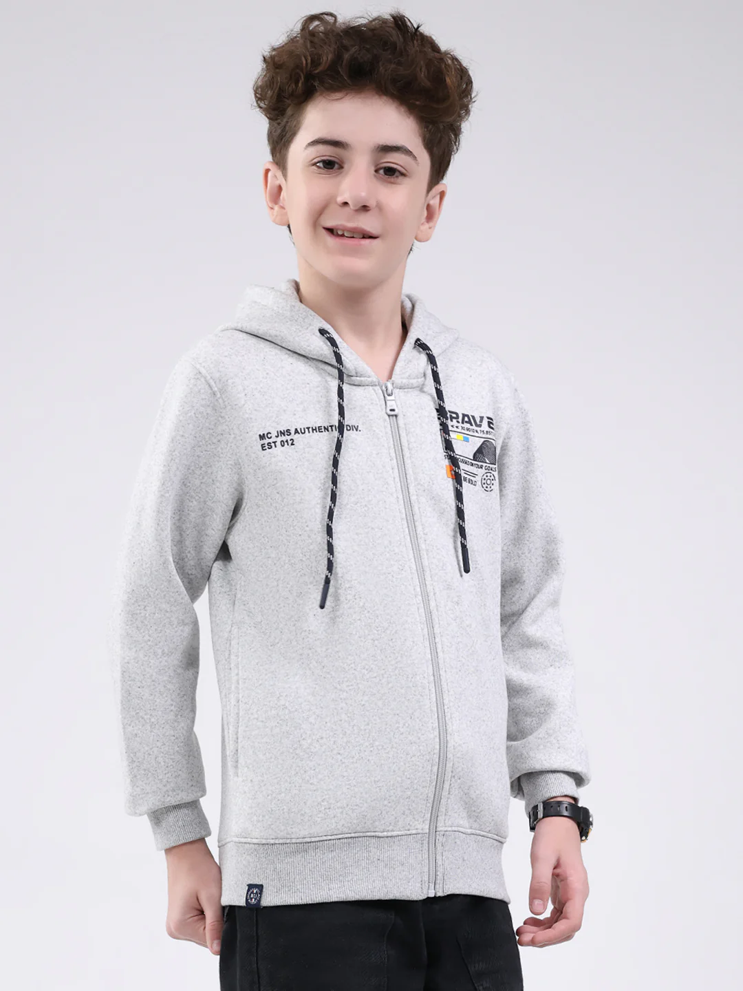 Boys Grey Printed Hooded Full Sleeve Sweatshirt - Image 4
