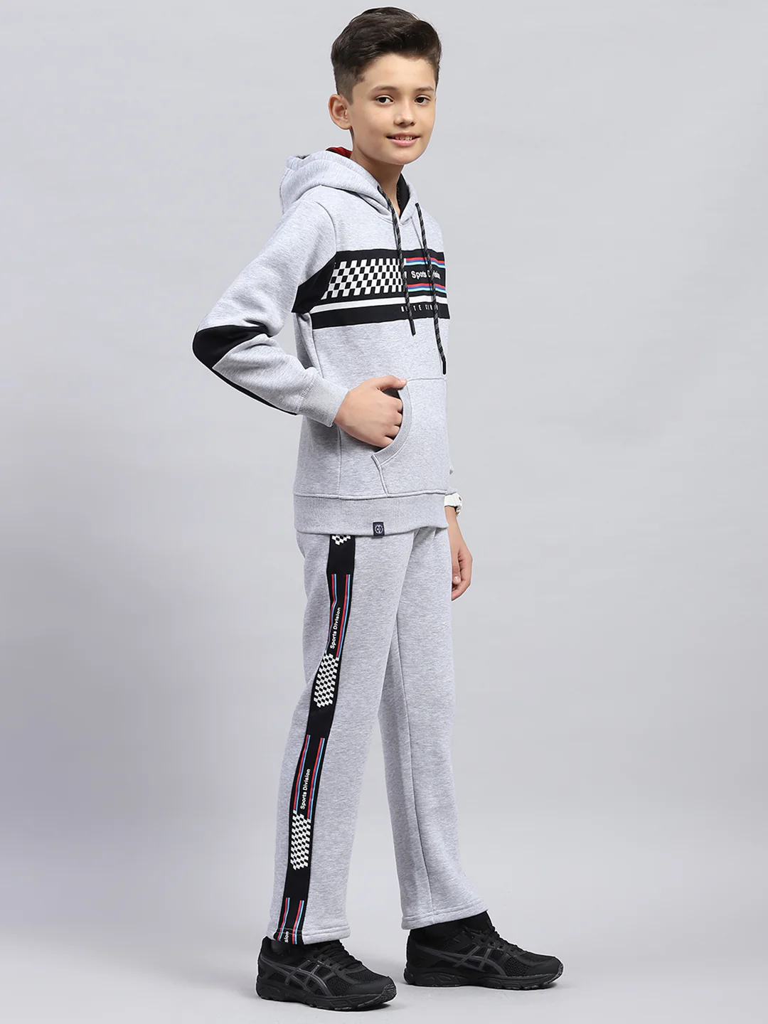 Boys Grey Printed Hooded Full Sleeve Tracksuit - Image 4