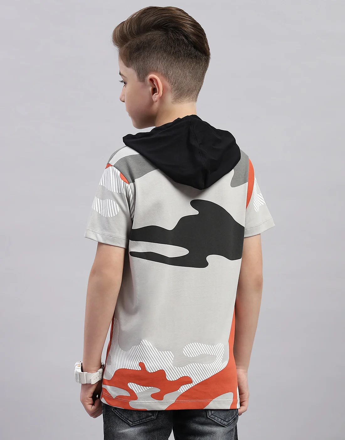 Boys Grey Printed Hooded Half Sleeve T-Shirt - Image 5