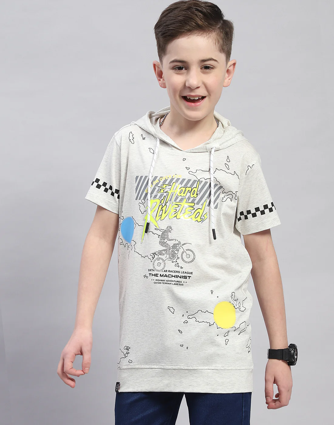 Boys Grey Printed Hooded Half Sleeve T-Shirt - Image 2