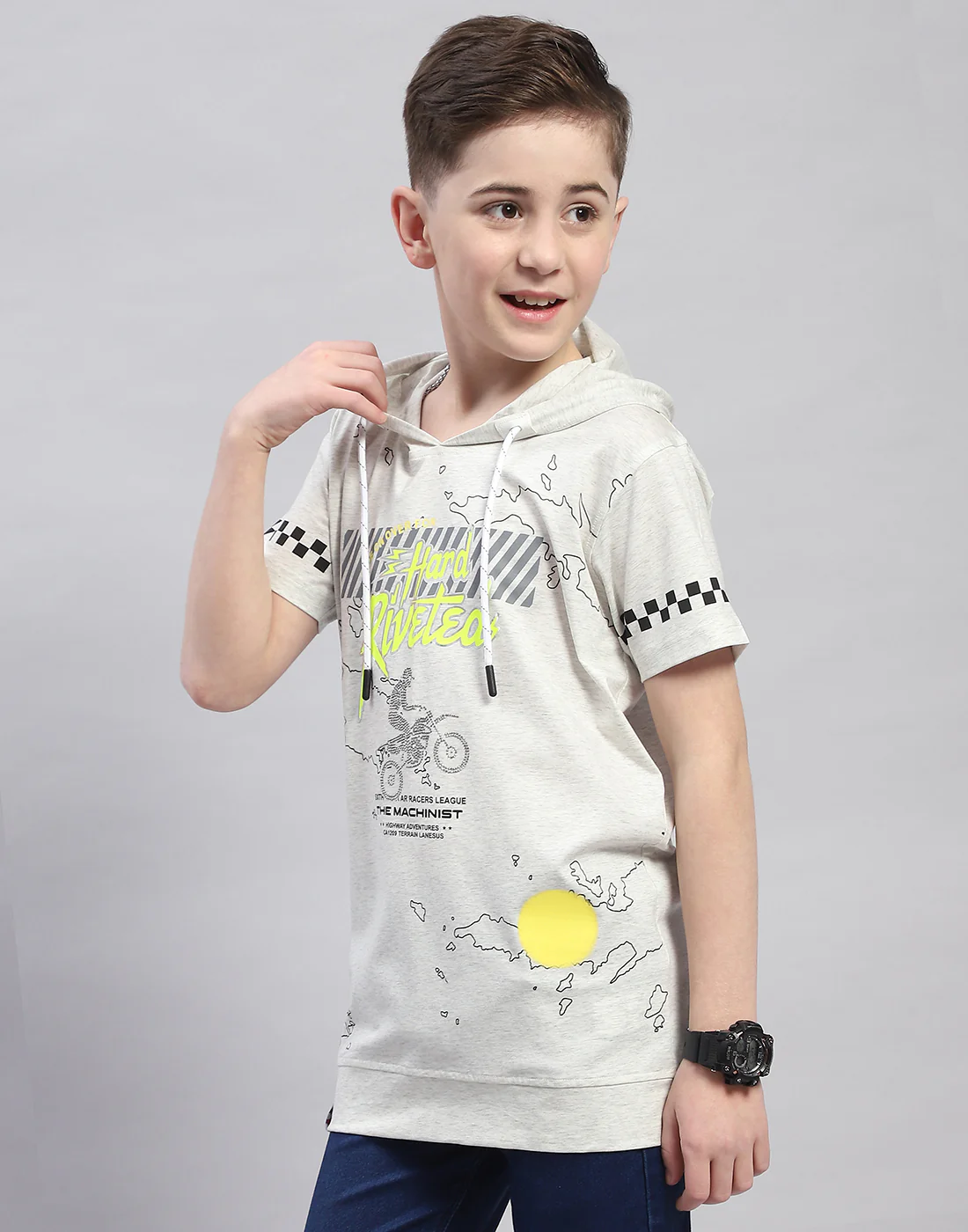 Boys Grey Printed Hooded Half Sleeve T-Shirt - Image 3