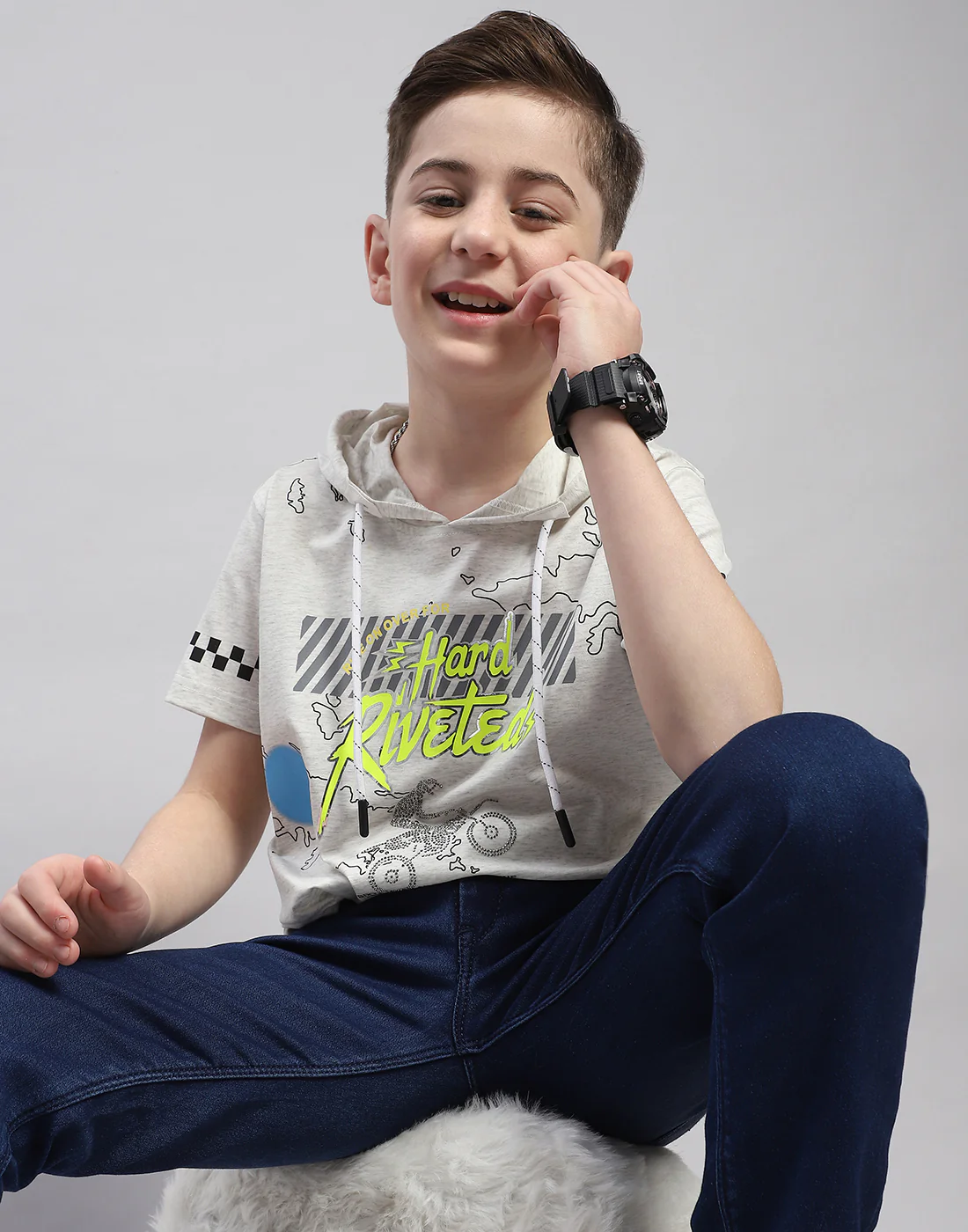 Boys Grey Printed Hooded Half Sleeve T-Shirt - Image 7