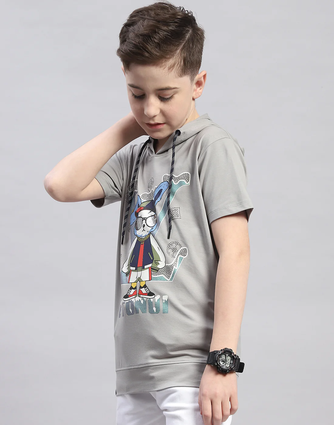 Boys Grey Printed Hooded Half Sleeve T-Shirt - Image 3