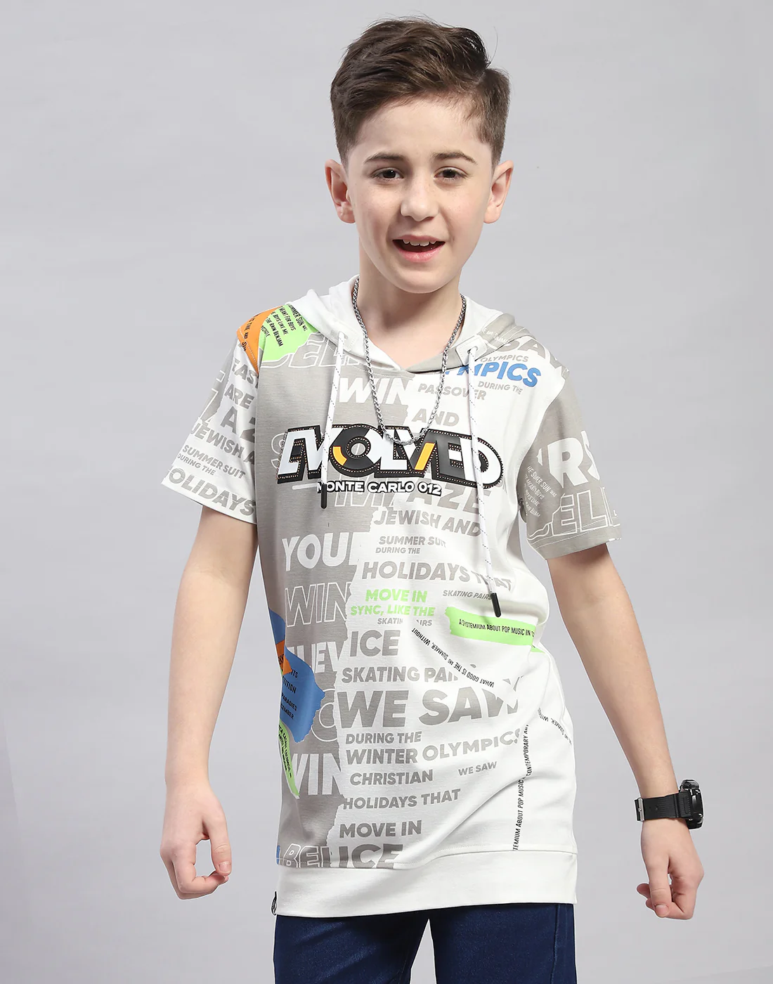 Boys Grey Printed Hooded Half Sleeve T-Shirt - Image 2
