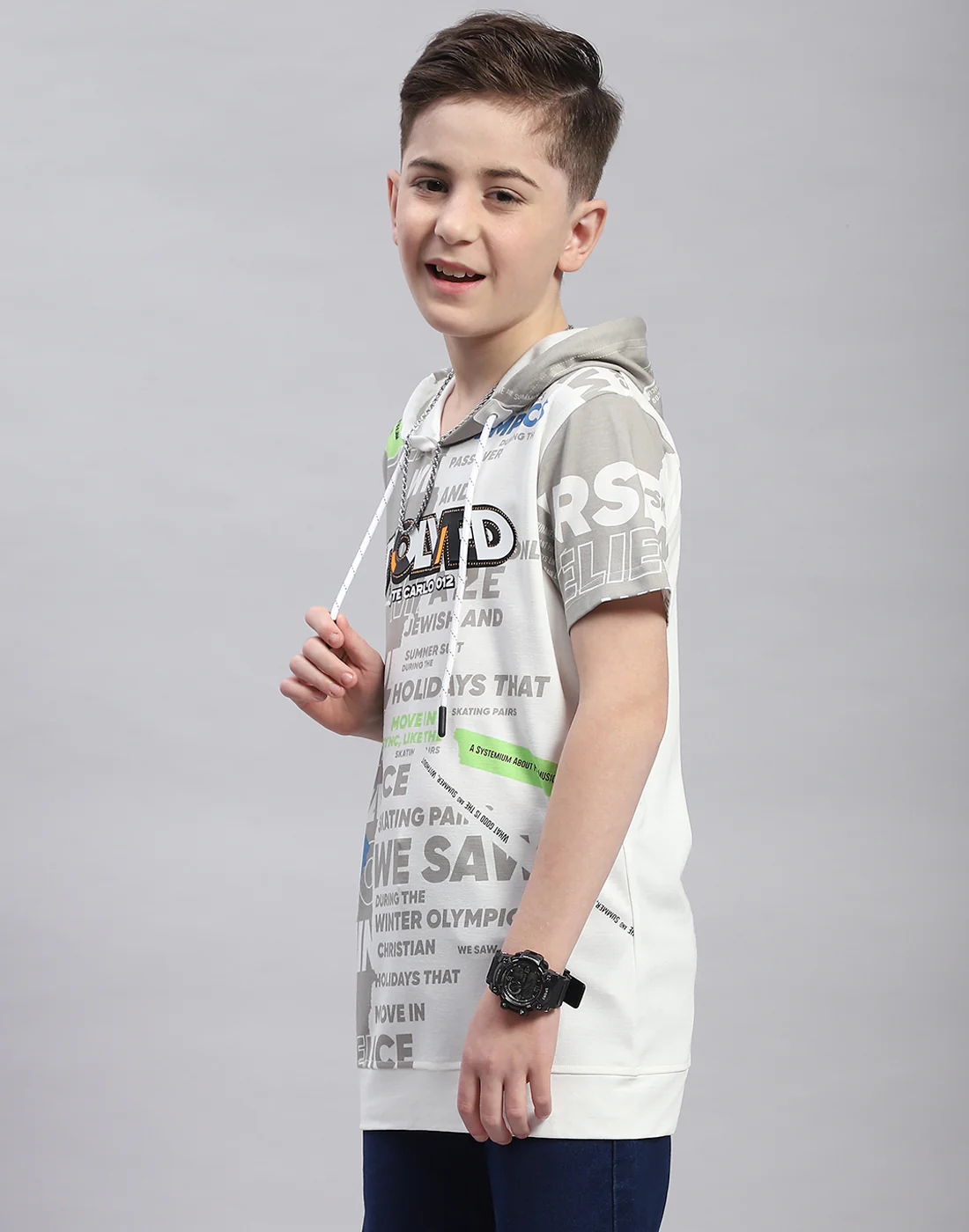Boys Grey Printed Hooded Half Sleeve T-Shirt - Image 3