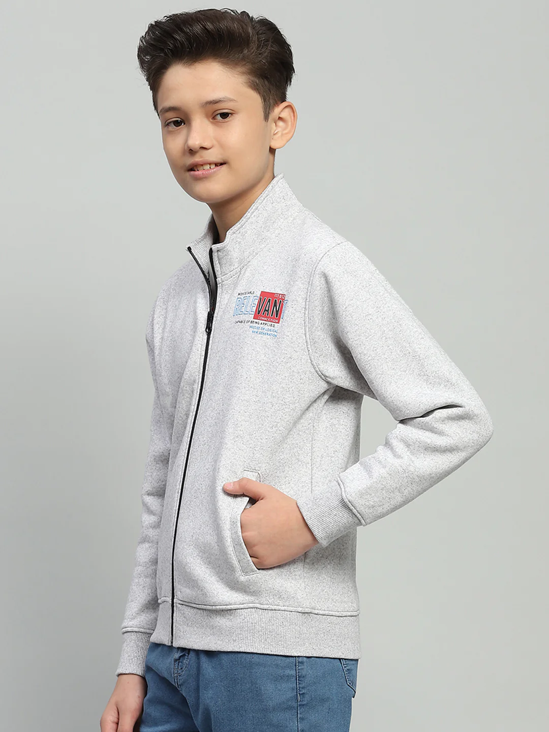Boys Grey Printed Mock Neck Full Sleeve Sweatshirt - Image 3